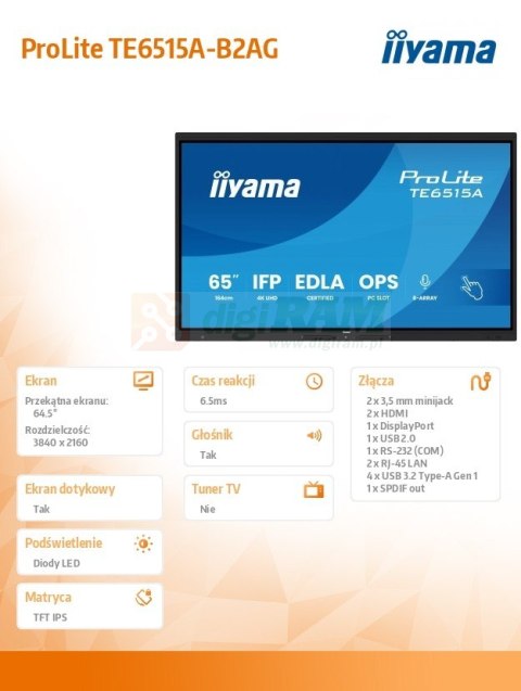 Monitor interaktywny 65 cali TE6515A-B2AG VA,4K,40pkt,550cd,DeepContrast-IR+, HDMI x2,DP,USB-C, 2 x 20W, OPS Slot x1, 5xUSB,