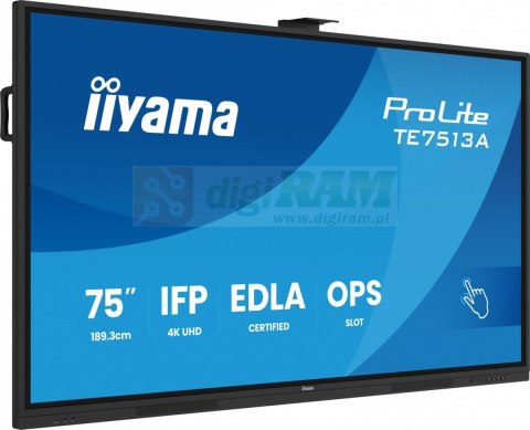 Monitor interaktywny 75 cali TE7513A-B2AG INFRARED,40pkt,IPS,4K,7H,500cd/m2, WiFi,USB, ANDROID 14, Google EDLA,2x20W, UCHWY