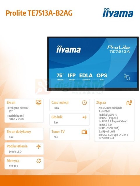 Monitor interaktywny 75 cali TE7513A-B2AG INFRARED,40pkt,IPS,4K,7H,500cd/m2, WiFi,USB, ANDROID 14, Google EDLA,2x20W, UCHWY