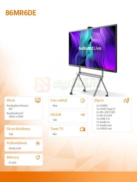 Monitor interaktywny 86MR6DE 86 cali 4K GoBoard Live zaawansowany wyświetlacz interaktywny z wbudowaną kamerą 4K