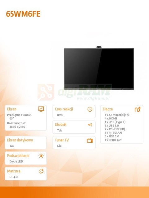 Monitor intereaktywny 65WM6FE 65 cali 4K GoBoard Live Pro Advanced Interactive Display