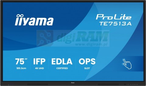 Monitor 75 cali TE7513A-B3AG INFRARED, 40pkt, IPS, 4K, 500cd, 1200:1, WiFi, USB, ANDROID 14, Google EDLA, 2x20W, uchwyt ścienny